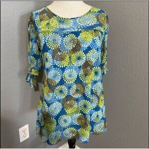 Johnny‎ Heaven Blouse Size Medium   Blue Yellow Sheer Stretchy Color burst
